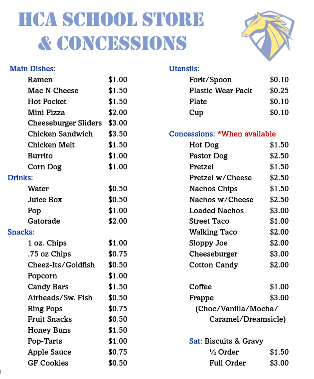 School Store & Concessions Menu